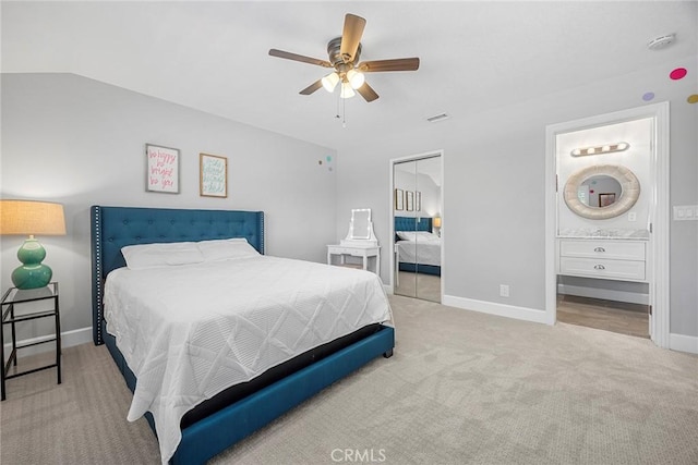 17776 Buena Vista Ave, Yorba Linda, CA 92886 - carpeted bedroom with baseboards, ensuite bathroom, and a ceiling fan