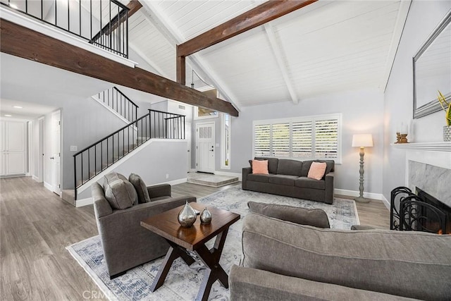 17776 Buena Vista Ave, Yorba Linda, CA 92886 - living area featuring baseboards, stairs, wood finished floors, beam ceiling, and a fireplace