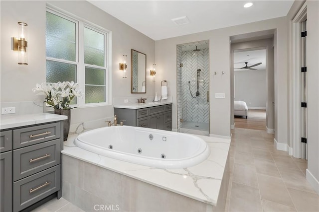 8126 Santaluz Village N, San Diego, CA 92127 - bathroom featuring vanity, a shower stall, a whirlpool tub, tile patterned floors, and a ceiling fan
