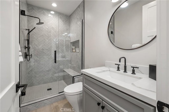 8126 Santaluz Village N, San Diego, CA 92127 - full bath featuring vanity, toilet, a shower stall, tile patterned floors, and recessed lighting