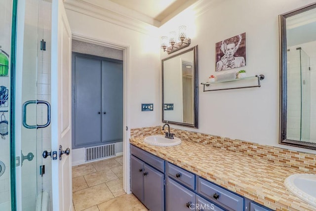 1169 Lyndhurst Dr, Riverside, CA 92507 - full bath with ornamental molding, tasteful backsplash, double vanity, a stall shower, and tile patterned floors