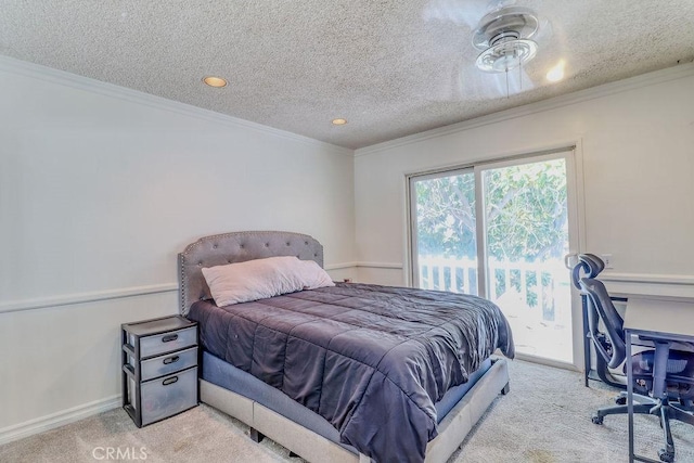 1169 Lyndhurst Dr, Riverside, CA 92507 - carpeted bedroom featuring access to outside, a textured ceiling, recessed lighting, crown molding, and a desk
