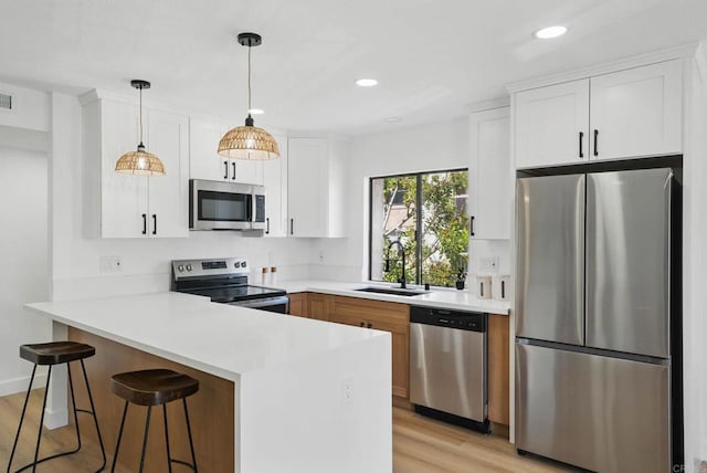 1915 Via Las Palmas Unit 32A, National City, CA 91950 - kitchen with appliances with stainless steel finishes, a sink, a peninsula, light wood-style flooring, and white cabinetry