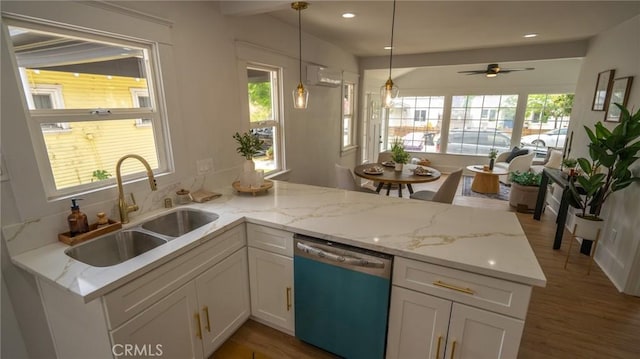 1520 Ohio Ave, Long Beach, CA 90804 - kitchen featuring dishwasher, a sink, a peninsula, white cabinets, and healthy amount of natural light