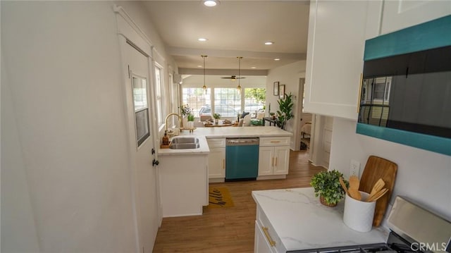 1520 Ohio Ave, Long Beach, CA 90804 - kitchen featuring dishwashing machine, a sink, white cabinetry, recessed lighting, and light wood finished floors