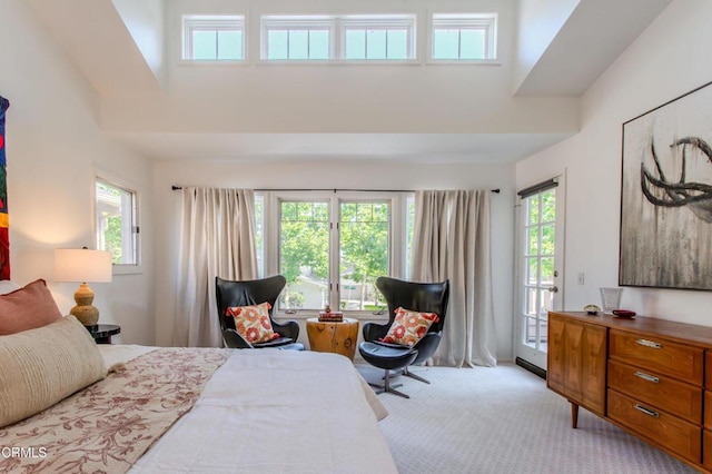 2759 Butter Creek Dr, Pasadena, CA 91107 - bedroom with access to outside, carpet floors, and a towering ceiling