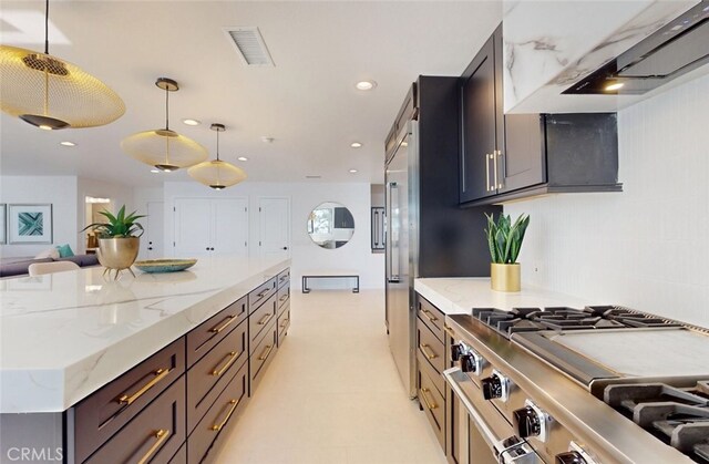 4263 E Ranch Gate Rd, Anaheim Hills, CA 92807 - kitchen featuring range hood, decorative light fixtures, recessed lighting, open floor plan, and premium appliances