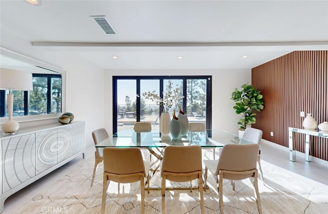 4263 E Ranch Gate Rd, Anaheim Hills, CA 92807 - dining space with recessed lighting and beamed ceiling