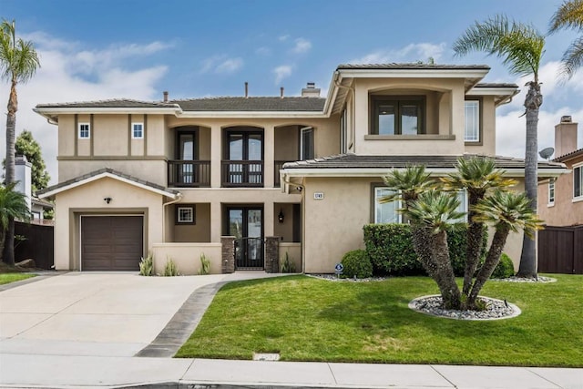 1749 Skimmer Ct, Carlsbad, CA 92011 - view of front of house with a balcony, driveway, stucco siding, a gate, and a chimney
