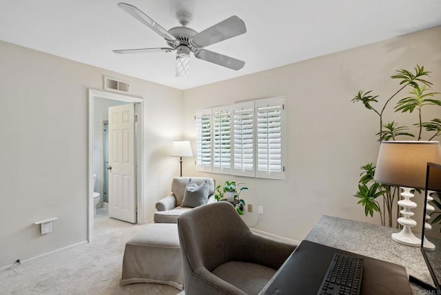 3686 Landfair Ct, San Diego, CA 92130 - living area featuring carpet floors, a ceiling fan, and baseboards