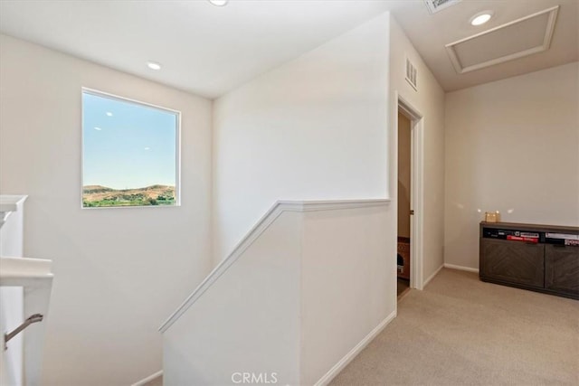 11653 Couples Ct, Beaumont, CA 92223 - hallway featuring an upstairs landing, light carpet, attic access, baseboards, and recessed lighting