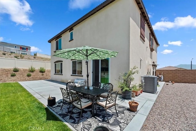 11653 Couples Ct, Beaumont, CA 92223 - back of property with central AC, a patio area, stucco siding, and a fenced backyard