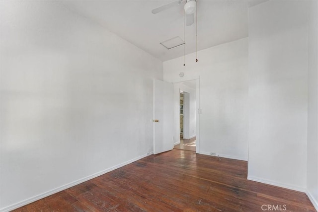 818 6th St, Corning, CA 96021 - empty room featuring hardwood / wood-style floors, baseboards, a ceiling fan, and attic access