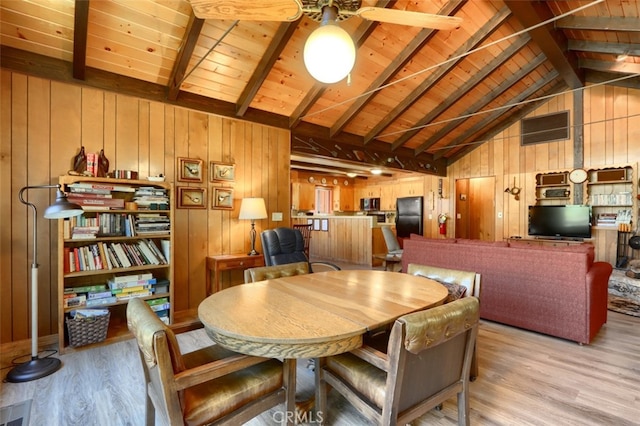 8067 Chilnualna Falls Rd, Wawona, CA 95389 - dining area with light wood-type flooring, wooden walls, and wood ceiling