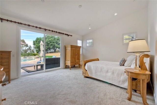 1177 Estee Ct, Fallbrook, CA 92028 - carpeted bedroom with access to exterior, vaulted ceiling, and recessed lighting