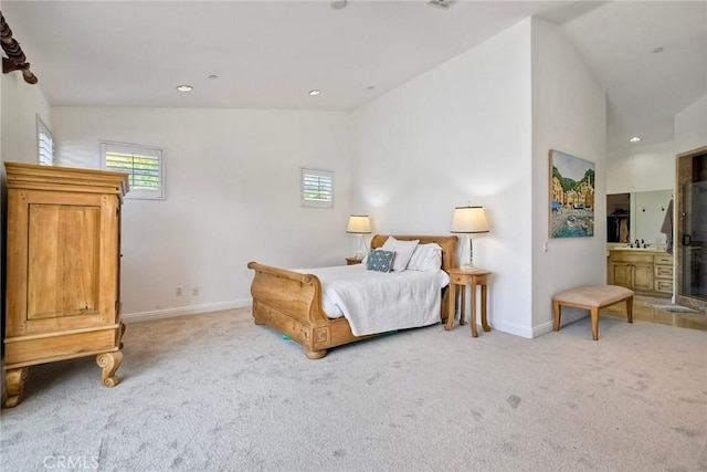 1177 Estee Ct, Fallbrook, CA 92028 - bedroom with multiple windows, light carpet, baseboards, lofted ceiling, and recessed lighting
