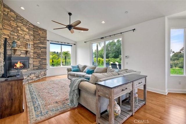 1177 Estee Ct, Fallbrook, CA 92028 - living room with a ceiling fan, hardwood / wood-style flooring, healthy amount of natural light, lofted ceiling, and baseboards