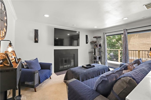 10655 Lemon Ave Unit 2402, Rancho Cucamonga, CA 91737 - carpeted living area featuring crown molding, a glass covered fireplace, and recessed lighting