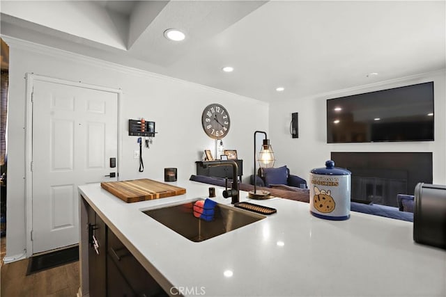 10655 Lemon Ave Unit 2402, Rancho Cucamonga, CA 91737 - kitchen with a sink, open floor plan, recessed lighting, dark wood finished floors, and ornamental molding
