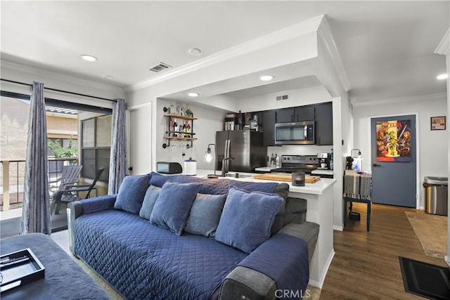 10655 Lemon Ave Unit 2402, Rancho Cucamonga, CA 91737 - living area featuring ornamental molding, dark wood-type flooring, and recessed lighting
