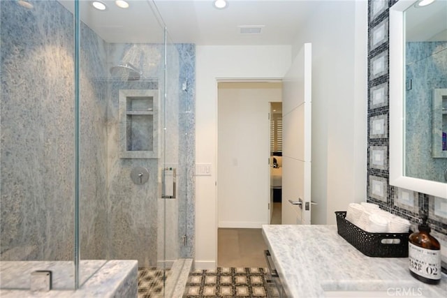 1585 S Coast Unit 2, Laguna Beach, CA 92651 - bathroom with a shower stall, vanity, and recessed lighting