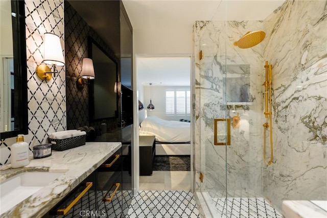 1585 S Coast Unit 2, Laguna Beach, CA 92651 - bathroom with a marble finish shower, connected bathroom, vanity, and tile patterned floors