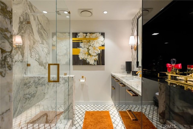 1585 S Coast Unit 2, Laguna Beach, CA 92651 - bathroom with vanity, a marble finish shower, tile patterned flooring, and recessed lighting