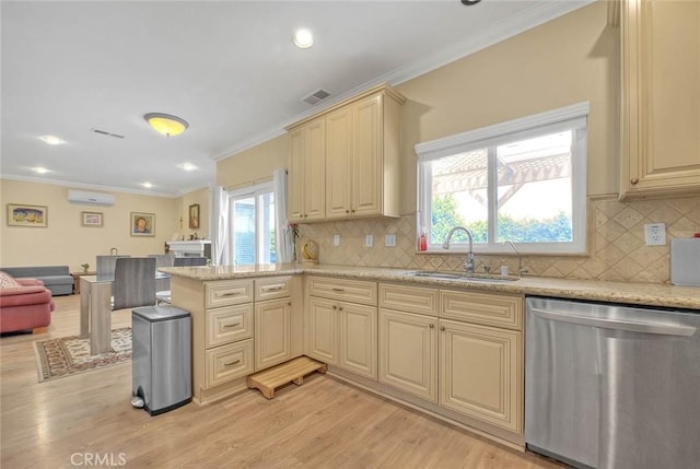 10644 Claridge Pl, Whittier, CA 90603 - kitchen featuring stainless steel dishwasher, cream cabinetry, crown molding, and recessed lighting