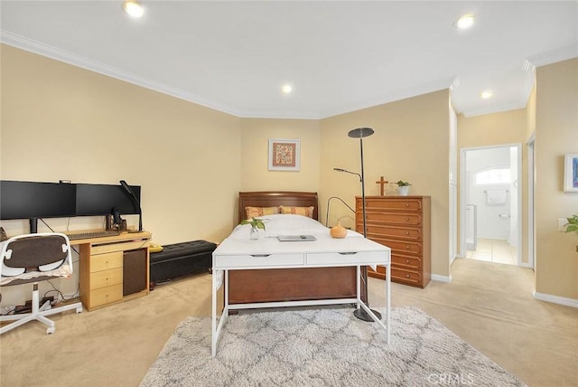 10644 Claridge Pl, Whittier, CA 90603 - bedroom featuring light colored carpet, crown molding, an office area, recessed lighting, and baseboards
