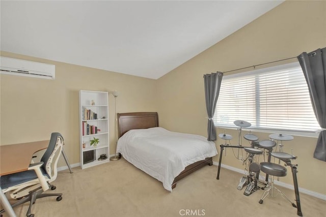 10644 Claridge Pl, Whittier, CA 90603 - bedroom featuring a wall mounted air conditioner, light carpet, vaulted ceiling, and baseboards