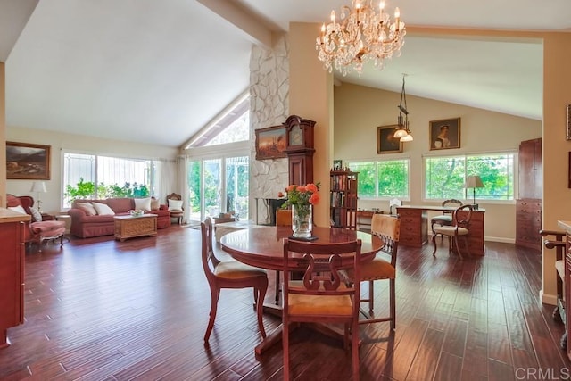 1129 La Casa, San Marcos, CA 92078 - dining space with high vaulted ceiling, dark wood finished floors, a chandelier, and beam ceiling
