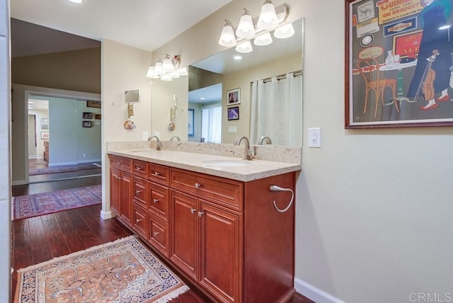 1129 La Casa, San Marcos, CA 92078 - full bath featuring hardwood / wood-style flooring, double vanity, and recessed lighting