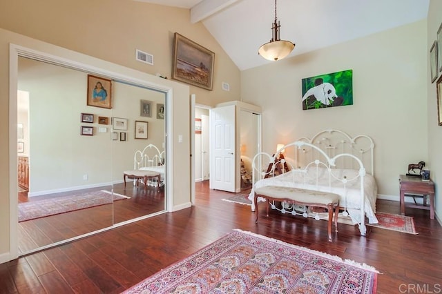 1129 La Casa, San Marcos, CA 92078 - bedroom with wood finished floors, beamed ceiling, and high vaulted ceiling