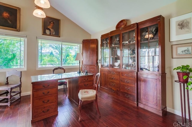 1129 La Casa, San Marcos, CA 92078 - office area with healthy amount of natural light, dark wood-type flooring, and vaulted ceiling