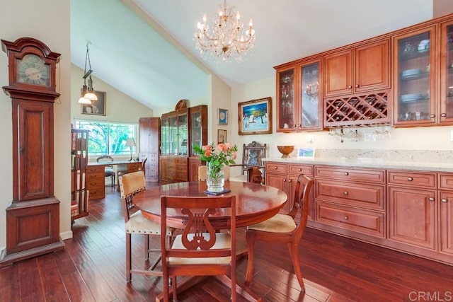 1129 La Casa, San Marcos, CA 92078 - dining room featuring dark wood-type flooring, a chandelier, and high vaulted ceiling