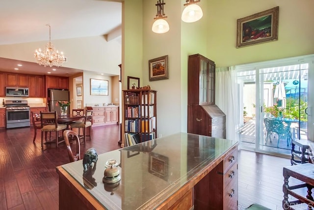 1129 La Casa, San Marcos, CA 92078 - kitchen featuring appliances with stainless steel finishes, high vaulted ceiling, dark wood-style flooring, a chandelier, and brown cabinetry