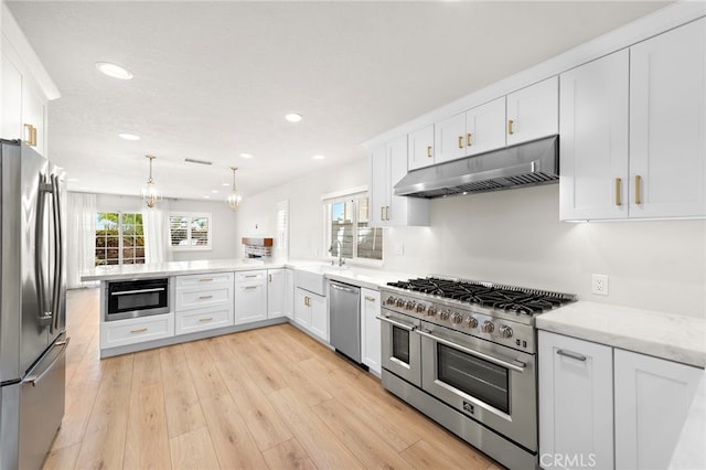 25311 Misty Rdg, Mission Viejo, CA 92692 - kitchen featuring stainless steel appliances, under cabinet range hood, healthy amount of natural light, white cabinetry, and recessed lighting