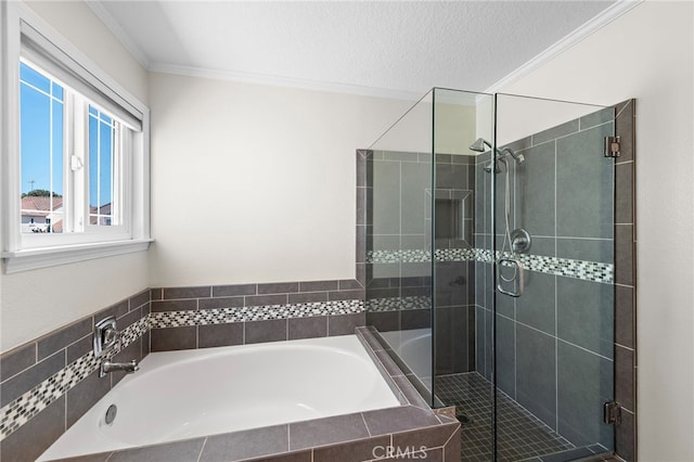 25311 Misty Rdg, Mission Viejo, CA 92692 - bathroom with a garden tub, a shower stall, crown molding, and a textured ceiling