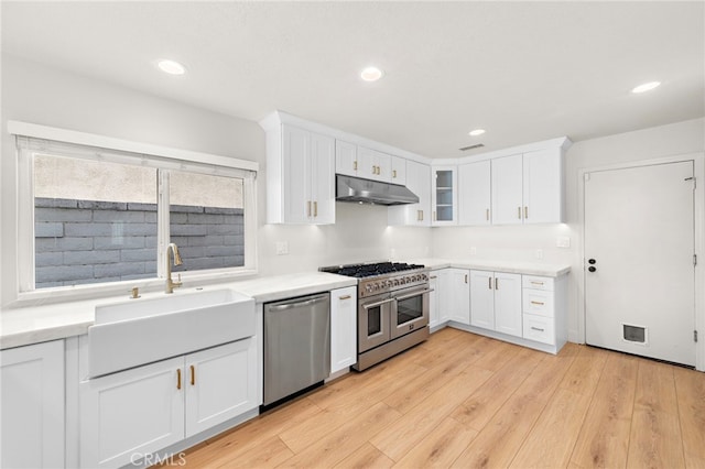 25311 Misty Rdg, Mission Viejo, CA 92692 - kitchen with stainless steel appliances, under cabinet range hood, a sink, white cabinets, and light countertops