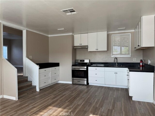 7531 Del Rosa Ave, San Bernardino, CA 92410 - kitchen with stainless steel gas range, under cabinet range hood, a sink, dark wood-style flooring, and ornamental molding
