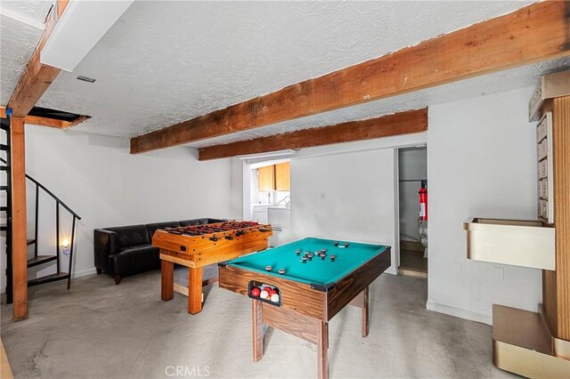 233 Glen Avon Dr, Cedar Glen, CA 92321 - recreation room with a textured ceiling, baseboards, concrete flooring, pool table, and beam ceiling