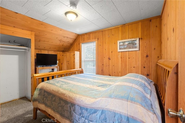 233 Glen Avon Dr, Cedar Glen, CA 92321 - carpeted bedroom featuring lofted ceiling, wood walls, and baseboards