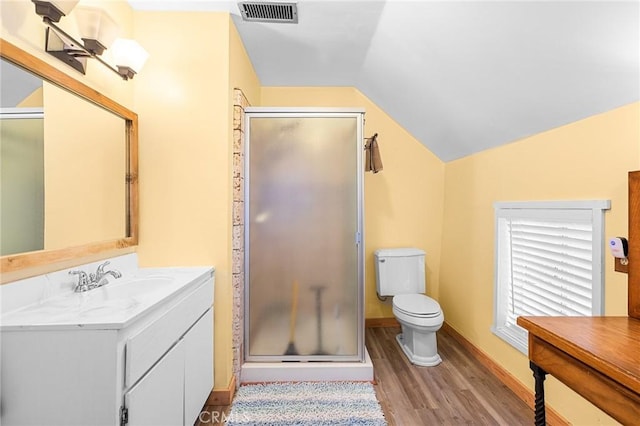 233 Glen Avon Dr, Cedar Glen, CA 92321 - full bath with toilet, wood finished floors, vanity, a stall shower, and vaulted ceiling