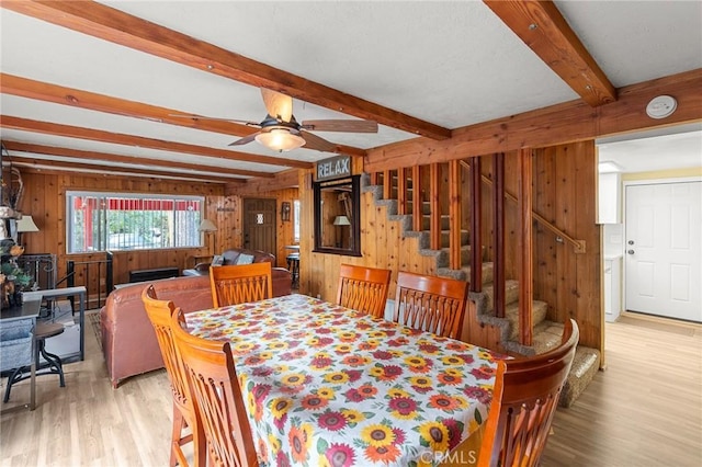233 Glen Avon Dr, Cedar Glen, CA 92321 - dining area with wood walls, wood finished floors, beamed ceiling, ceiling fan, and stairway