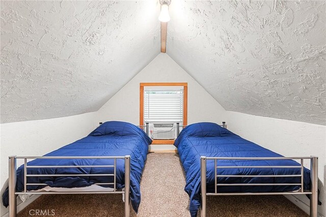 233 Glen Avon Dr, Cedar Glen, CA 92321 - carpeted bedroom featuring a textured ceiling, lofted ceiling, and cooling unit