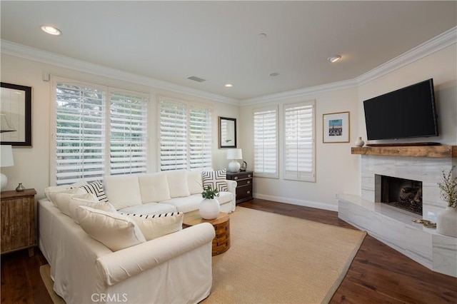 114 Via Monte Picayo, San Clemente, CA 92673 - living room featuring wood finished floors, crown molding, a high end fireplace, baseboards, and recessed lighting