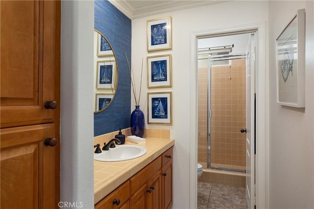 114 Via Monte Picayo, San Clemente, CA 92673 - full bathroom featuring toilet, vanity, a stall shower, and crown molding