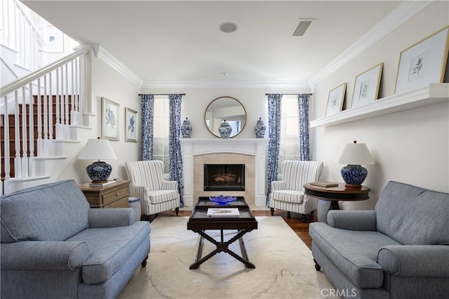 114 Via Monte Picayo, San Clemente, CA 92673 - living room with ornamental molding, stairs, wood finished floors, and a fireplace