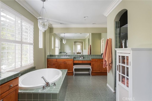 114 Via Monte Picayo, San Clemente, CA 92673 - bathroom with vanity, a bath, and ornamental molding