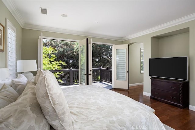 114 Via Monte Picayo, San Clemente, CA 92673 - bedroom with access to exterior, dark wood-type flooring, arched walkways, and ornamental molding